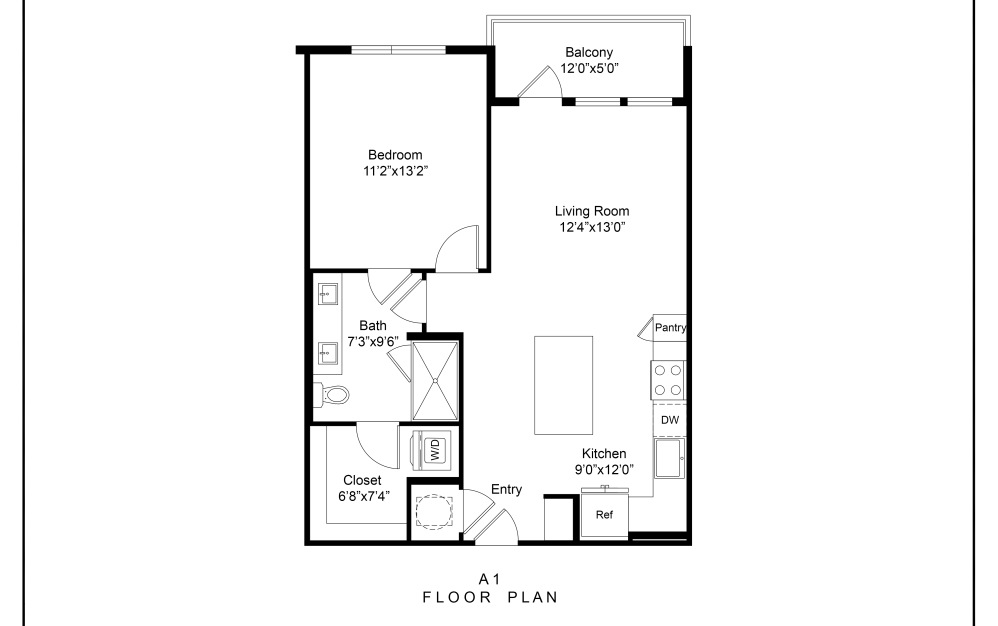 690 sq ft one bedroom apartment floor plan
