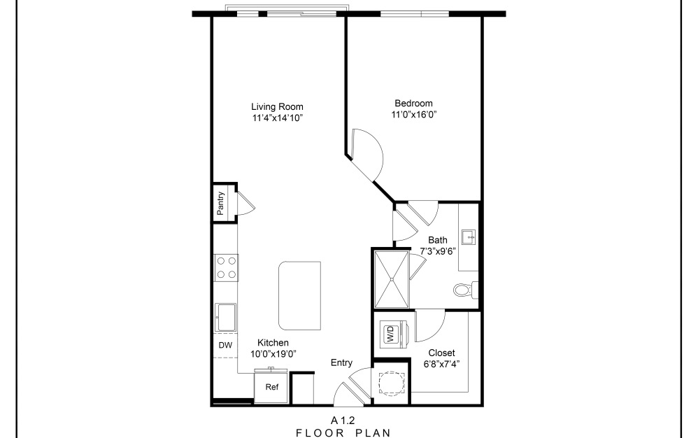 832 SQ FT one bedroom apartment floor plan