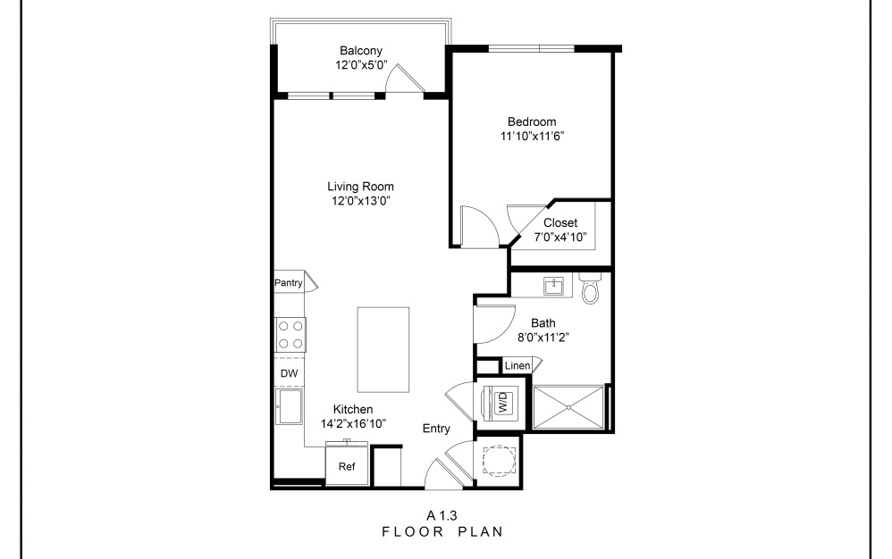 679 SQ FT one bedroom apartment floor plan