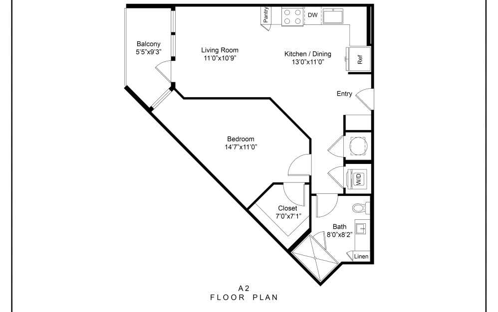 A2  - 1 bedroom floorplan layout with 1 bathroom and 652 square feet (2D)