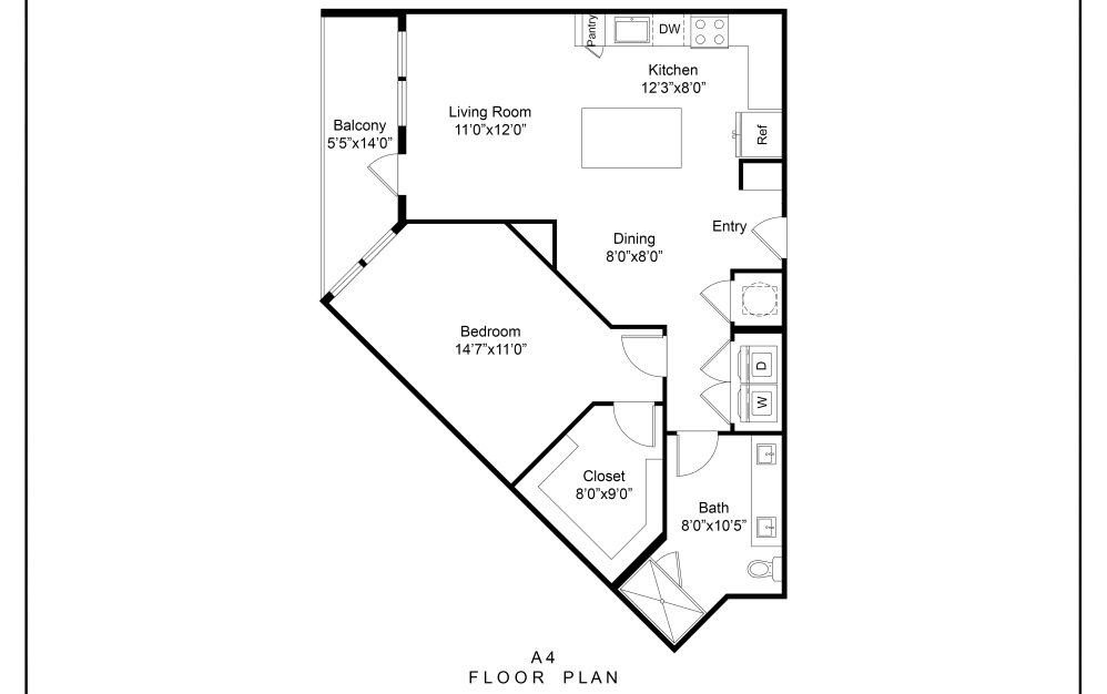 A4  - 1 bedroom floorplan layout with 1 bathroom and 888 square feet (2D)