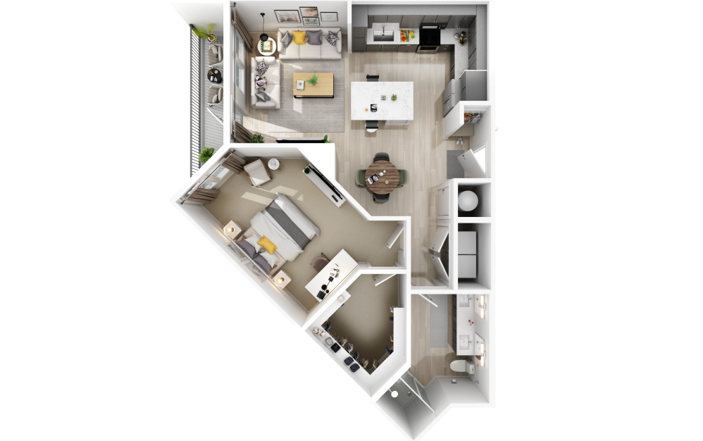 A4  - 1 bedroom floorplan layout with 1 bathroom and 888 square feet (3D)