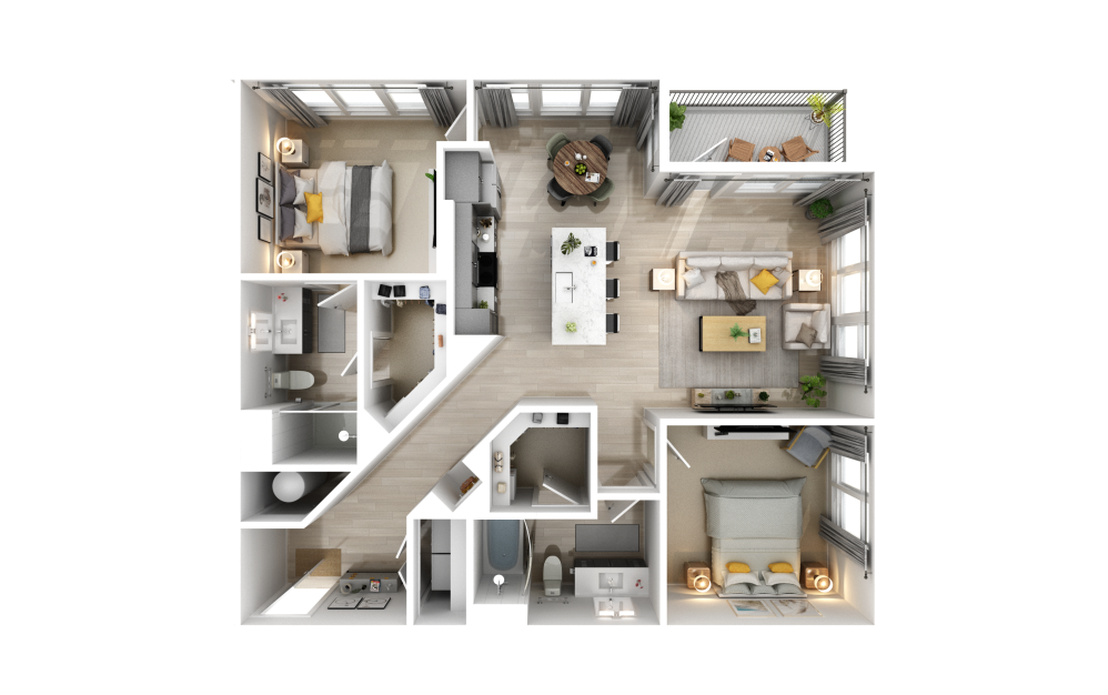 B2  - 2 bedroom floorplan layout with 2 bathrooms and 1180 square feet (3D)