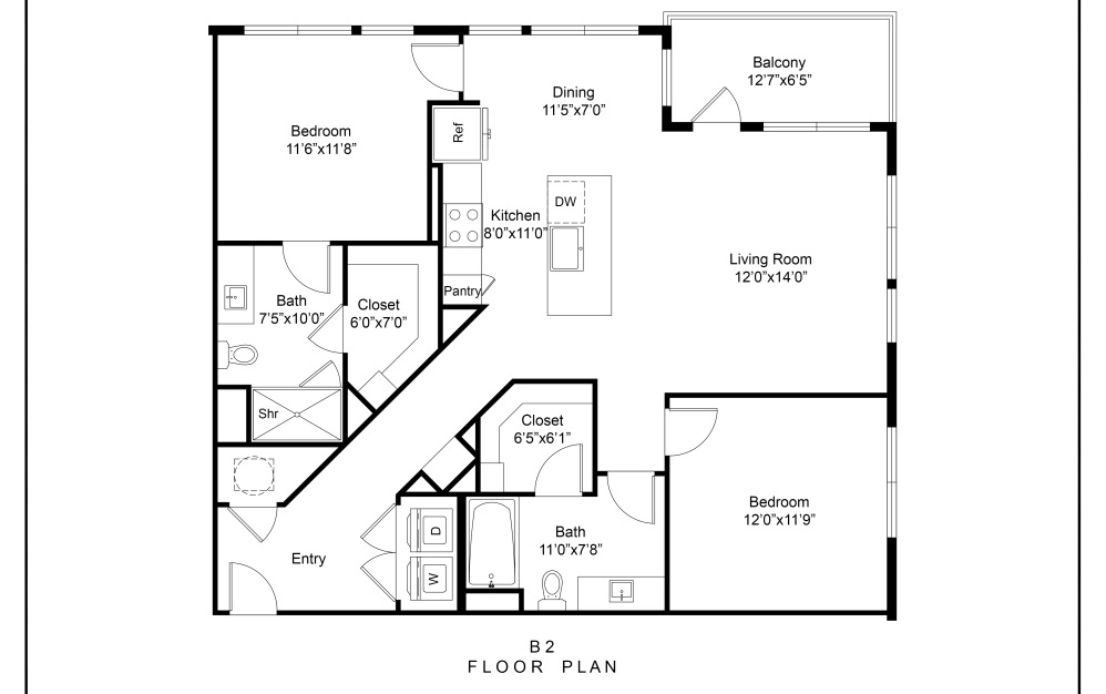B2  - 2 bedroom floorplan layout with 2 bathrooms and 1180 square feet (2D)