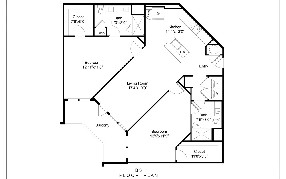 B3  - 2 bedroom floorplan layout with 2 bathrooms and 1320 square feet (2D)