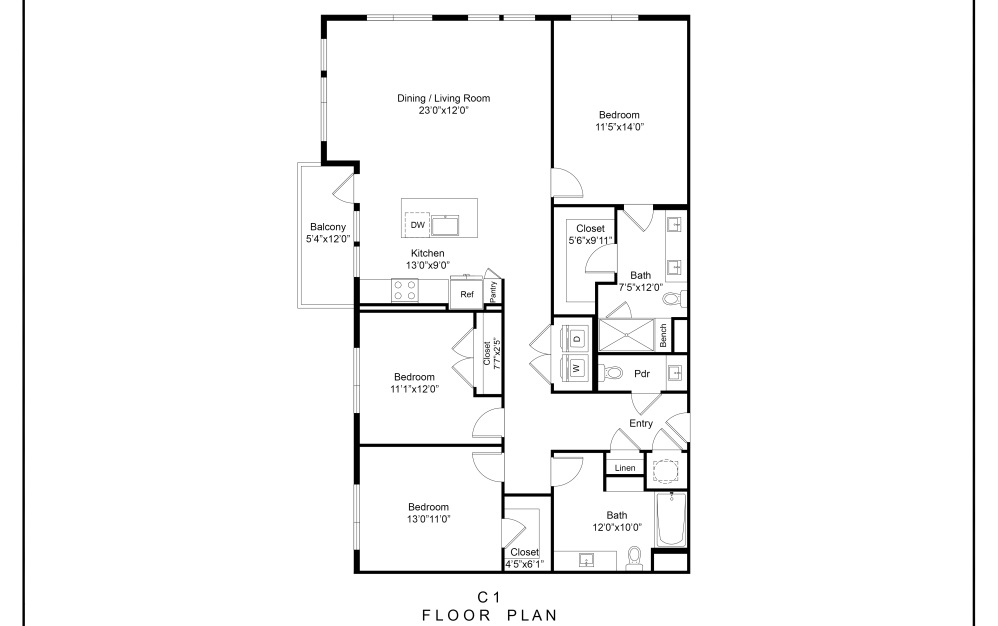 1540 sq ft luxury 3 bedroom apartment floor plan