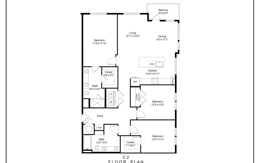 1569 sq ft luxury 3 bedroom apartment floor plan