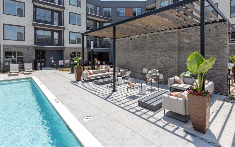 Sparkling swimming pool and lounge area